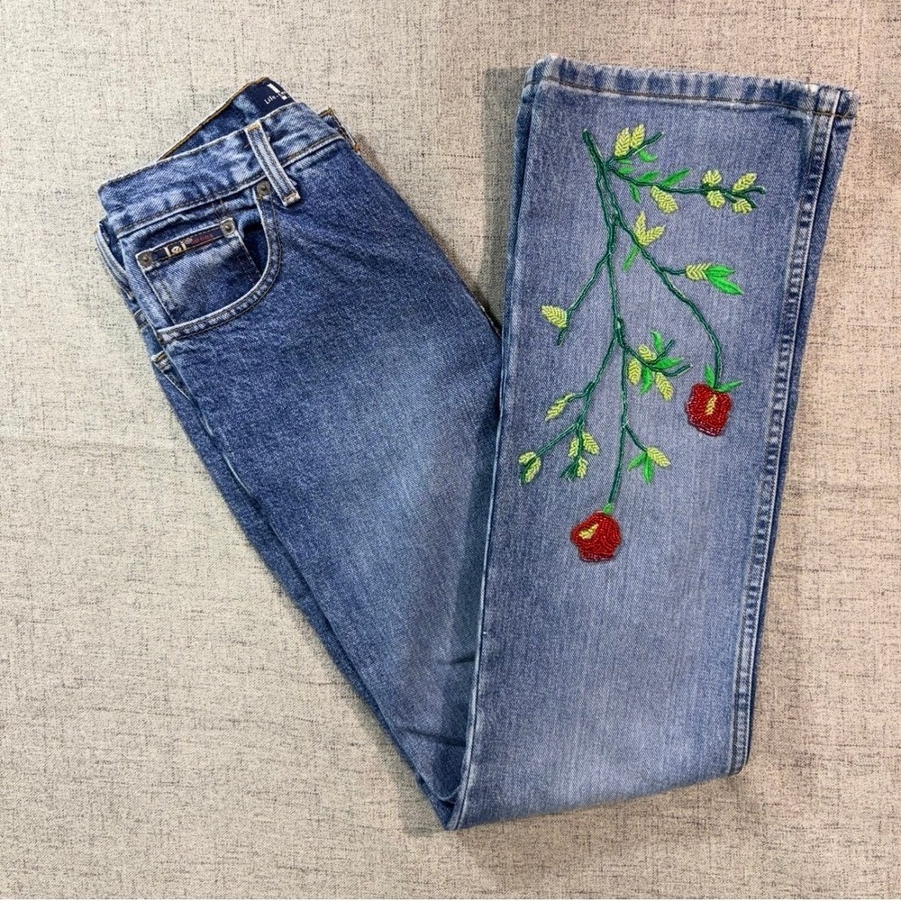Vintage LEI High Waisted Beaded Floral Rose Women Junior Jean 7 100% Cotton